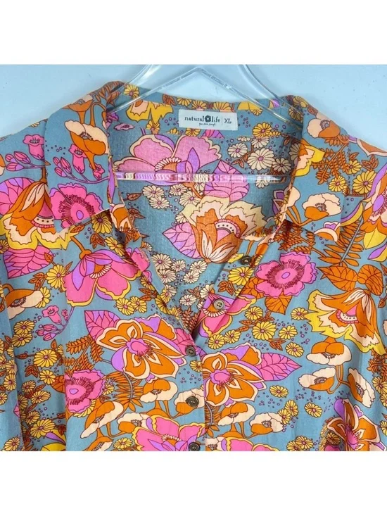 Natural Life Twiggy Vibrant Floral Button-Up Tunic Shirt Dress Pink & Mustard - Picture 11 of 14